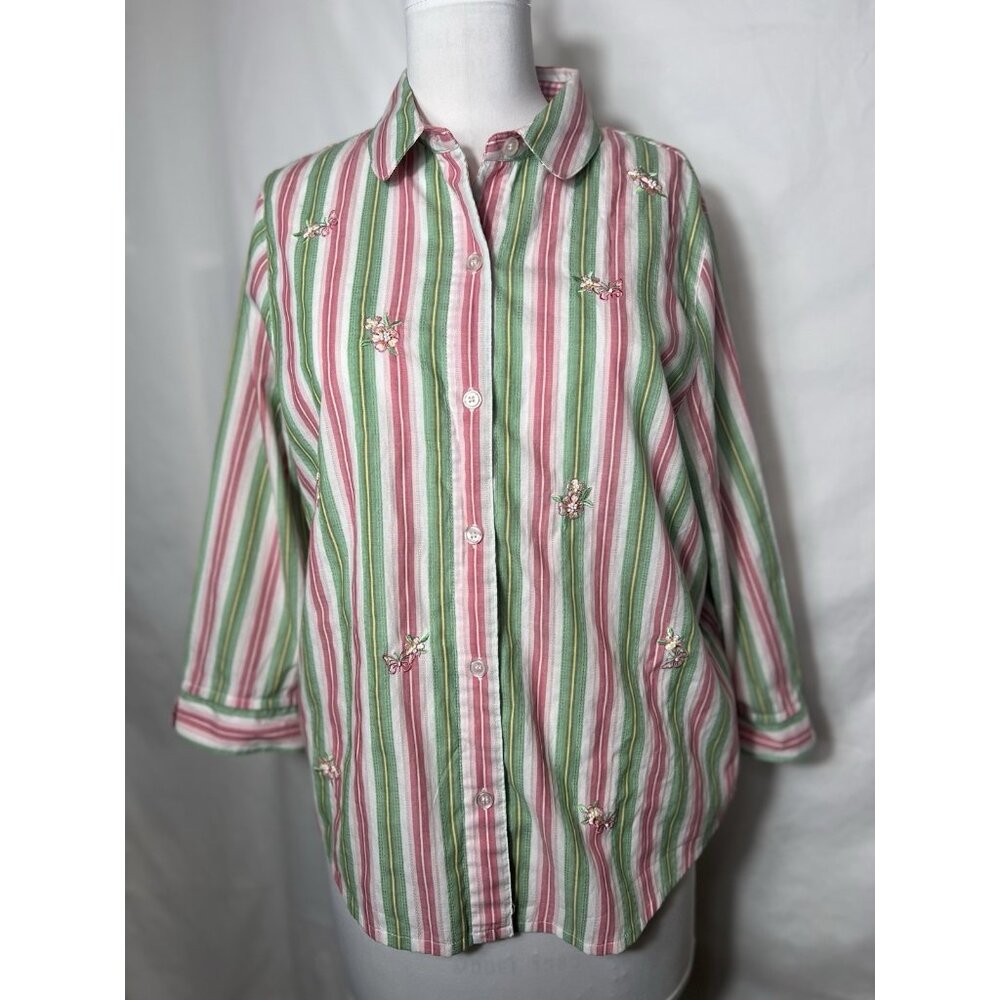 Alfred Dunner 3/4 sleeve pink, white and green button up blouse women’s Size 12‎